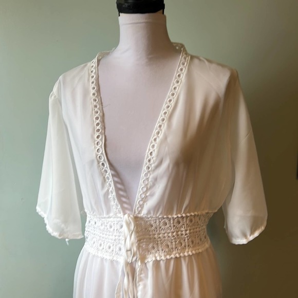 White sheer Cotton/blend Long crochet eyelet lace swim dress coverup tie waist - Picture 5 of 9